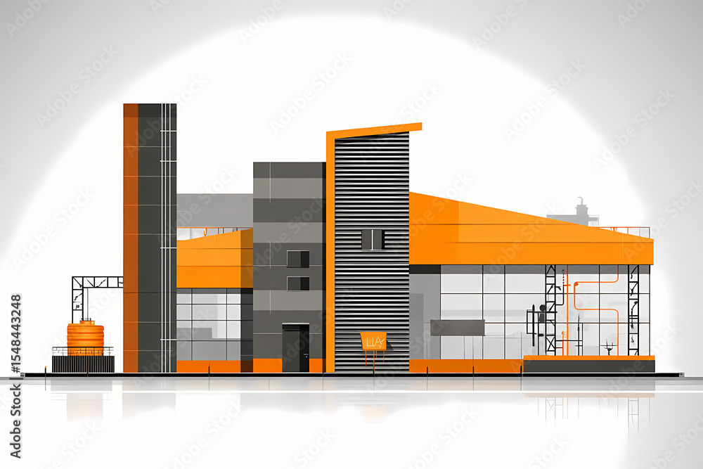 Obraz premium Industrial factory building vector logo design with machinery details