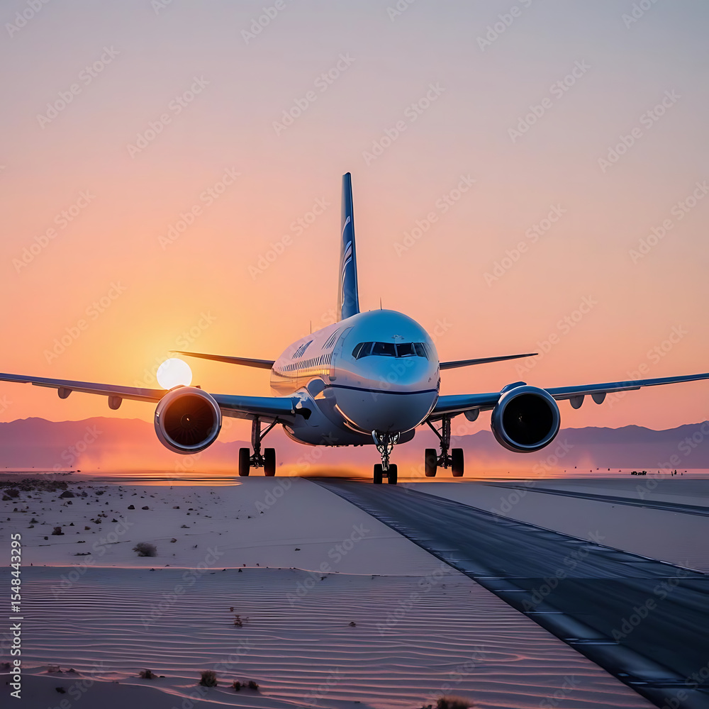 Naklejka premium Airplane Taxiing at Sunset with Golden Light