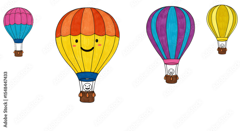 Fototapeta premium Colorful cartoon hot air balloons floating in a bright sky, showcasing a cheerful atmosphere with a whimsical touch