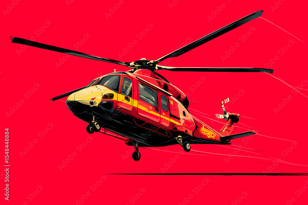 Fototapeta premium Red and black helicopter vector logo design with rotor blade patterns