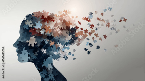 Vector of fading puzzle silhouette symbolizing Alzheimer’s memory loss and mental decline for awareness use