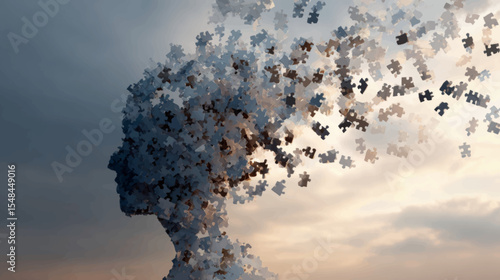 Vector of fading puzzle silhouette symbolizing Alzheimer’s memory loss and mental decline for awareness use