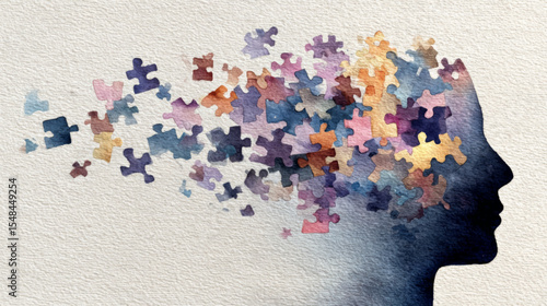 Vector of fading puzzle silhouette symbolizing Alzheimer’s memory loss and mental decline for awareness use
