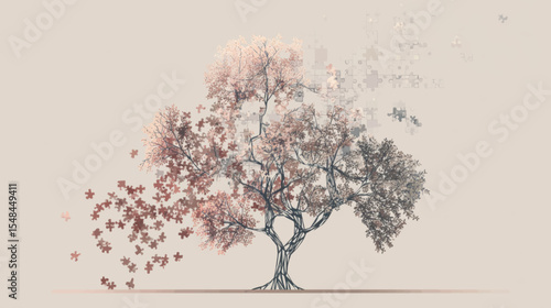 Vector tree shaped like a brain losing puzzle-shaped leaves for Alzheimer’s Day mental health awareness