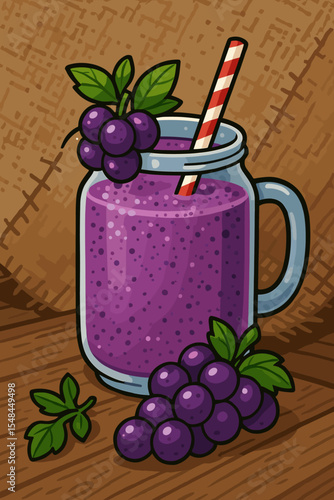 Cartoon vector illustration of a fresh grape smoothie in a glass mason jar. Healthy purple detox drink with fruit and a straw for a summer menu. Natural organic beverage concept.