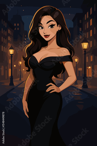 Beautiful woman in a glamorous black dress posing on a city street at night. Elegant brunette lady character in an evening gown. Vector illustration for romance, mystery and nightlife.