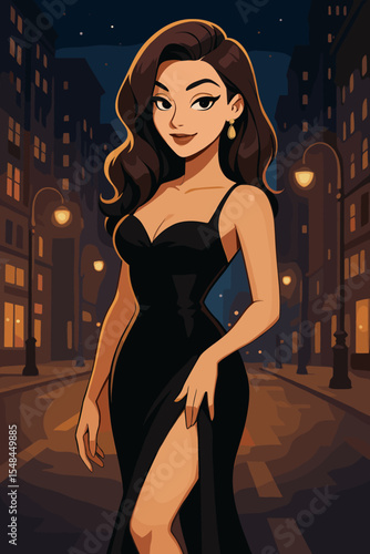 Alluring woman in elegant black evening dress on a city street at night. Glamorous fashion model character. Vector cartoon illustration of urban nightlife and luxury lifestyle.