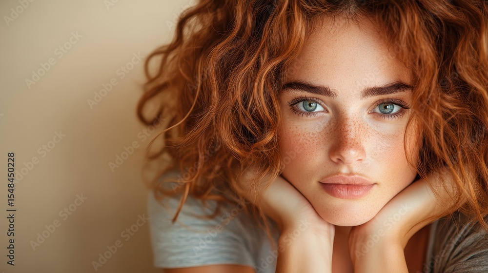 Fototapeta premium This stunning portrait features a young woman with vibrant curly hair and beautiful blue eyes, showcasing her natural beauty and freckles in a soft, dreamy setting.