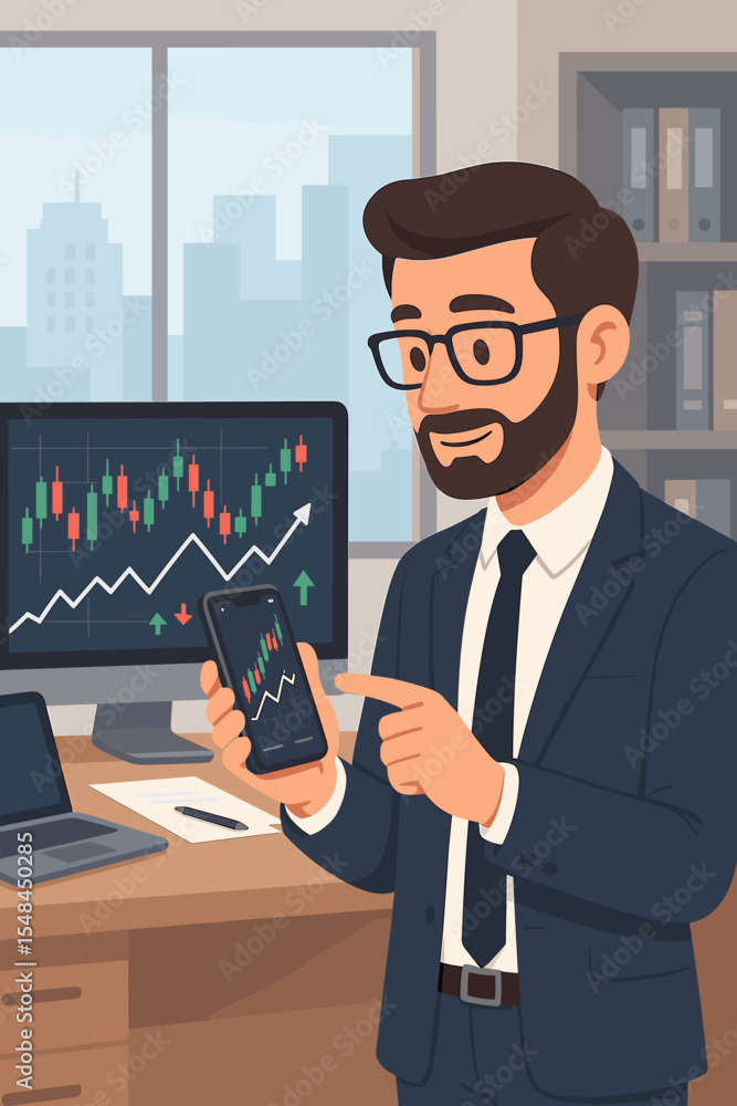 Stock market trader analyzing financial data on smartphone and computer screen. Broker or businessman checking investment charts for forex and crypto. Business success and growth concept. Stock market trader analyzing financial data on smartphone and computer screen. Broker or businessman checking investment charts for forex and crypto. Business success and growth concept.