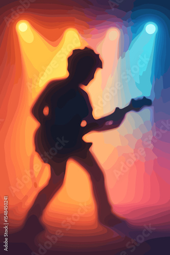 Silhouette of a guitarist performing on stage during a live concert. Musician with a bass guitar in colorful blurred spotlights. Concept for a music festival, rock show, or band event.