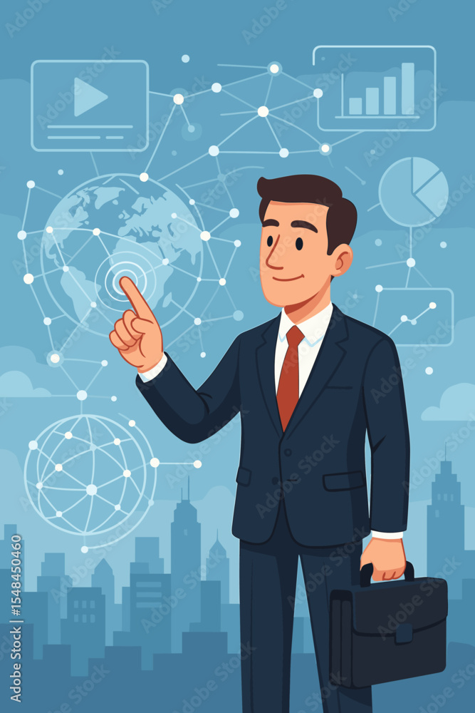 Businessman touching a virtual screen with a global network and data analytics. Futuristic technology, innovation, and financial management concept. Corporate cartoon vector illustration. Businessman touching a virtual screen with a global network and data analytics. Futuristic technology, innovation, and financial management concept. Corporate cartoon vector illustration.
