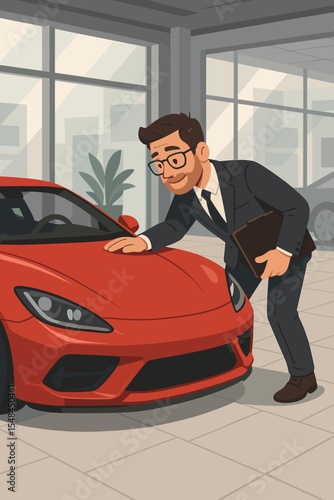 Happy businessman buying a new car. Customer choosing luxury sports vehicle in a dealership showroom. Car salesman inspecting an automobile. Vector cartoon illustration for business.