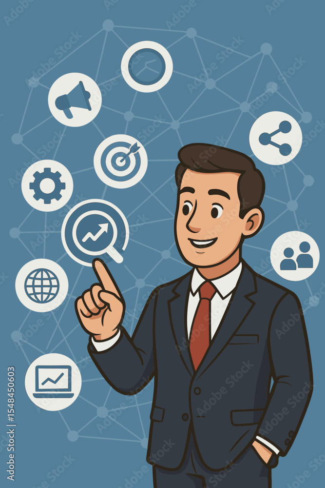 Businessman interacting with digital marketing icons on a virtual interface. SEO strategy concept for business growth, data analysis, and customer targeting. Vector cartoon illustration. Businessman interacting with digital marketing icons on a virtual interface. SEO strategy concept for business growth, data analysis, and customer targeting. Vector cartoon illustration.