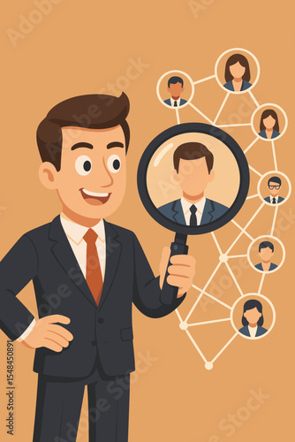 Recruitment concept. HR manager with magnifying glass finding new candidate for a job. Businessman analyzing social network for hiring. Talent acquisition and headhunting strategy.