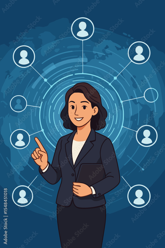 Businesswoman managing a global network. Digital communication technology concept. Professional female leader connecting people online. Social media, HR management vector illustration. Businesswoman managing a global network. Digital communication technology concept. Professional female leader connecting people online. Social media, HR management vector illustration.
