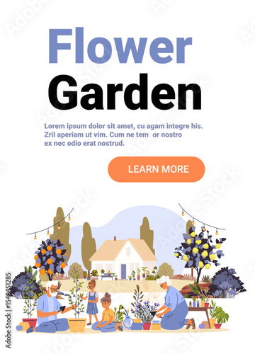 Flower garden family gardening outdoor plants nature house scene with people tending flowers trees greenery backyard landscape website banner