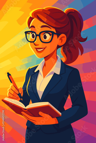 Smart businesswoman character taking notes in a planner. Vector illustration of a smiling professional woman writing down ideas. Concept for business strategy, success, and organization.