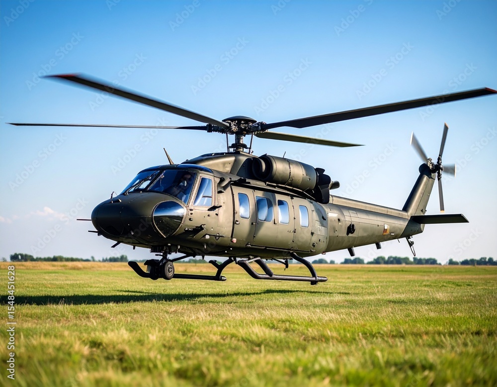 Fototapeta premium Military Helicopter Landing on Field – Aerial Transport Scene