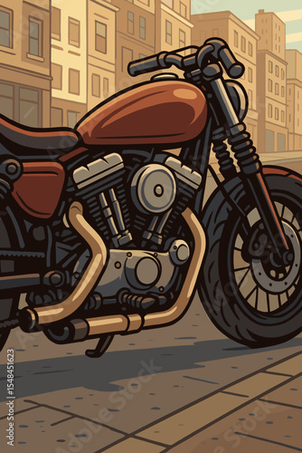 Detailed vector cartoon illustration of a classic custom motorcycle parked on an urban street. Close-up view of a powerful V-twin engine on a retro chopper bike. Cityscape.