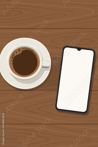 Smartphone mockup with blank screen and coffee cup on wooden table. Top view of a business workspace, cafe, or morning routine concept. Flat lay vector illustration for remote work.
