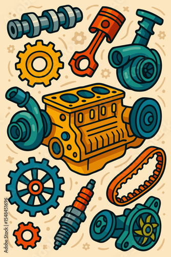 Colorful car engine parts set. Cartoon vector illustration of automotive components like motor block, piston, turbo, and gears. Mechanic garage service and vehicle repair concept.