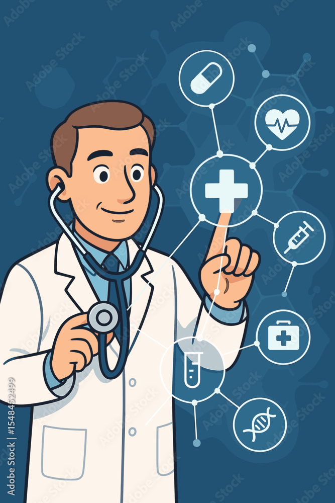 Medical doctor cartoon with stethoscope interacting with futuristic virtual health interface, touching network of healthcare icons including cross, DNA, syringe, pills, heart, lab test tube Medical doctor cartoon with stethoscope interacting with futuristic virtual health interface, touching network of healthcare icons including cross, DNA, syringe, pills, heart, lab test tube