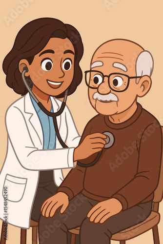 Elderly patient medical checkup by doctor with stethoscope. Healthcare consultation. Heart rate monitoring. Senior health care. Medical exam appointment vector cartoon illustration. Clinic diagnosis