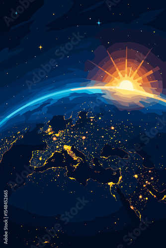 Stunning sunrise over Earth from space with glowing city lights, vibrant atmosphere, illuminated continents, night view, astronomy, Europe, Africa, Middle East, vector illustration