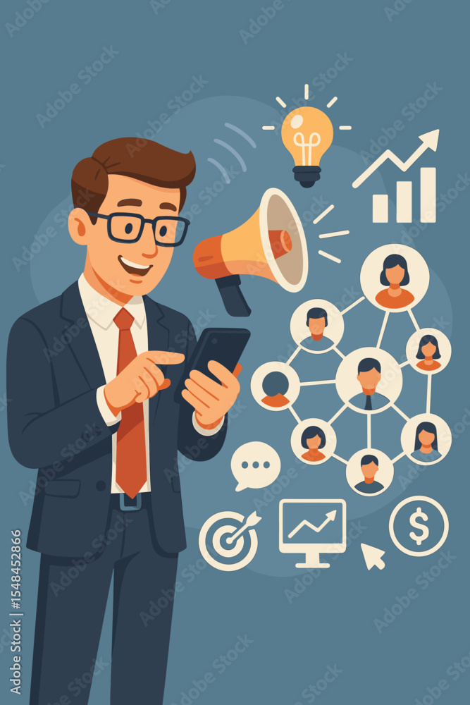 Businessman Using Mobile Phone for Digital Marketing, Social Media Networking, Online Communication, Business Growth Strategy, Target Audience Engagement, Vector Illustration Businessman Using Mobile Phone for Digital Marketing, Social Media Networking, Online Communication, Business Growth Strategy, Target Audience Engagement, Vector Illustration