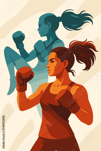 Strong athletic women practicing martial arts and boxing, dynamic double exposure illustration, female fighters training, empowerment, fitness, sports, determination, motivational vector art