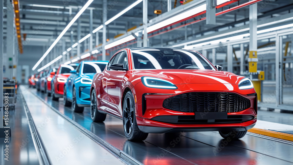 Fototapeta premium New electric cars on a factory assembly line, ready for delivery.