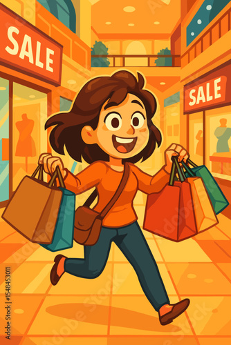 Happy cartoon woman shopper running with shopping bags in colorful mall, retail sale event, Black Friday discount, consumerism, shopping spree concept, vector illustration