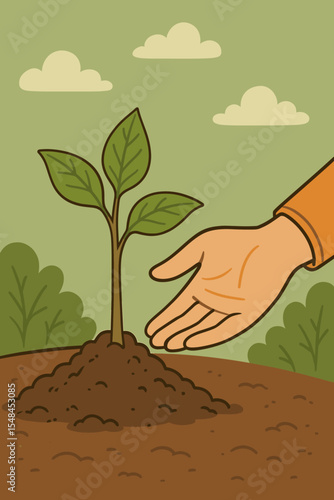 Hand nurturing young sapling on fertile soil, environmental conservation, tree planting, sustainability, growth, care for nature, eco-friendly, reforestation, green earth, vector illustration