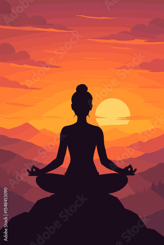 Tranquil woman silhouette meditating in lotus pose atop mountain at vibrant sunset, peaceful zen yoga practice, mindfulness, spiritual retreat, nature landscape, vector illustration