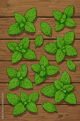 Fresh mint leaves scattered on a rustic old wooden table background. Vector cartoon illustration of spearmint or peppermint. Aromatic herb for culinary, tea, and mojito concepts.