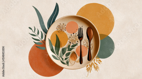 Globe-Shaped Plate With Floral Motif and Golden Cutlery for World Food Day Awareness Vector