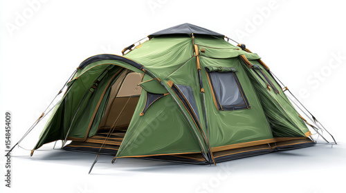  Camping tent green 3d illustration, cartoon render modern style on white background