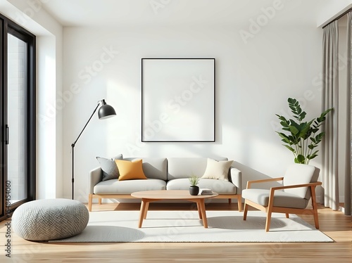3d japandi studio apartment interior with geometric wall art and space-saving modern furniture in minimal neutral palette