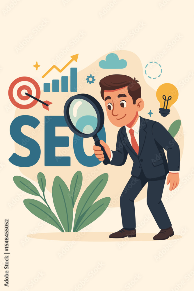 Obraz premium SEO optimization and digital marketing strategy concept. Cartoon businessman analyzing data with magnifying glass. Target, growth chart, lightbulb, business analysis, vector illustration