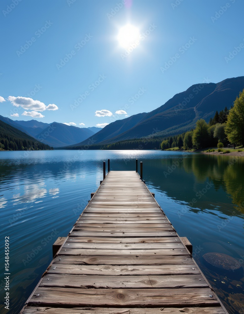 Obraz premium Serene Lake Dock with Mountain Backdrop and Sunny Sky