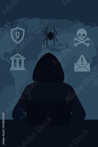 Dark web hacker in hoodie launching global cyber attack. Phishing, data breach, malware, internet security threat. Criminal silhouette at laptop with world map, cybercrime icons, digital crime