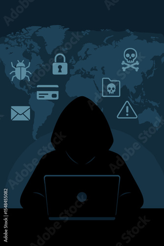 Hacker Silhouette Cyber Attack Global Threat Vector. Dark Hooded Figure at Laptop with Malware, Phishing, Data Breach, Credit Card Fraud, Security Icons on World Map. Cybercrime Concept Illustration