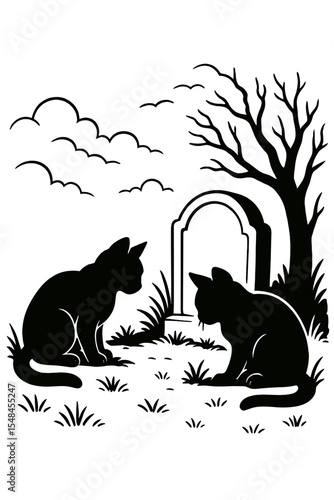 Two Black Cat Silhouettes Mourning at Gravestone in Graveyard with Bare Tree and Clouds, Symbolizing Loss, Friendship, Memory, Pet Bereavement, Vector Illustration for Sympathy and Remembrance Themes