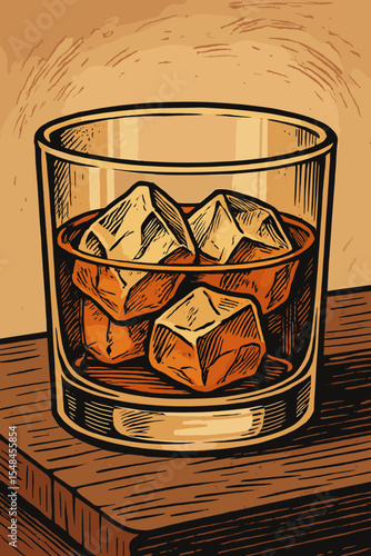 Whiskey on the rocks in a glass, hand-drawn vintage style vector illustration. Retro bourbon drink with ice cubes on a wooden table. Engraving sketch for bar menu or pub poster.