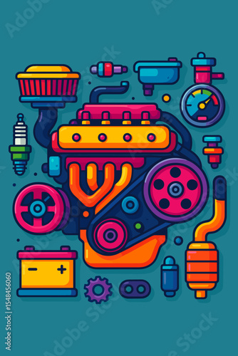 Car engine parts set vector illustration. Colorful automotive components for auto repair service or mechanic workshop. Flat design motor graphic with battery, spark plug, and filter.