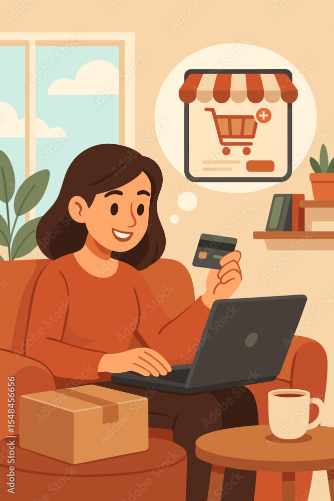 Woman shopping online with laptop and credit card at home. E-commerce convenience concept. Customer buying on internet store, making online payment for home delivery. Vector illustration. Woman shopping online with laptop and credit card at home. E-commerce convenience concept. Customer buying on internet store, making online payment for home delivery. Vector illustration.