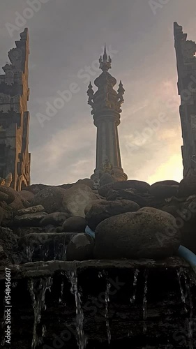 Low angle of The Monument of Balinese Struggle with water seen trickling down over rocks in the foreground
