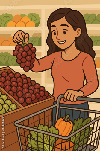 Woman grocery shopping. Supermarket customer choosing fresh fruit. Female character picking red grapes. Healthy eating lifestyle. Nutrition and diet concept. Vector illustration.