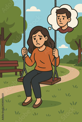 Heartbroken woman sitting alone on a park swing, thinking about her sad boyfriend. Concept of loneliness, depression, relationship problems, breakup, long-distance love. Vector.