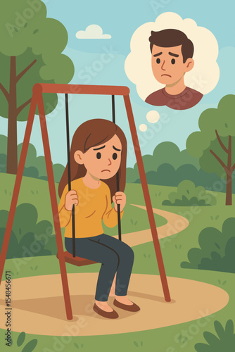 Lonely woman on a swing feeling sad and missing her boyfriend. Concept of heartbreak, breakup, loneliness, and relationship problems. Melancholy girl remembering a lost love.